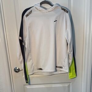 Brooks White and Neon Yellow Athletic Top Reflective Pockets size XXL Hoodie